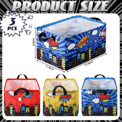 Maxdot 3 Pack Hero Comic Book Storage Themed Basket Large Gifts for Laundry Hamper Basket for Kids Room Nursery Collapsible Toy Clothes Storage Collection Bin(City,Rectangle)