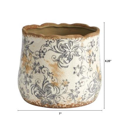 Nearly Natural 7in Ceramic Decorative Planter Tuscan Style Gray Scroll Design for Indoor Home Shelf Table Decor