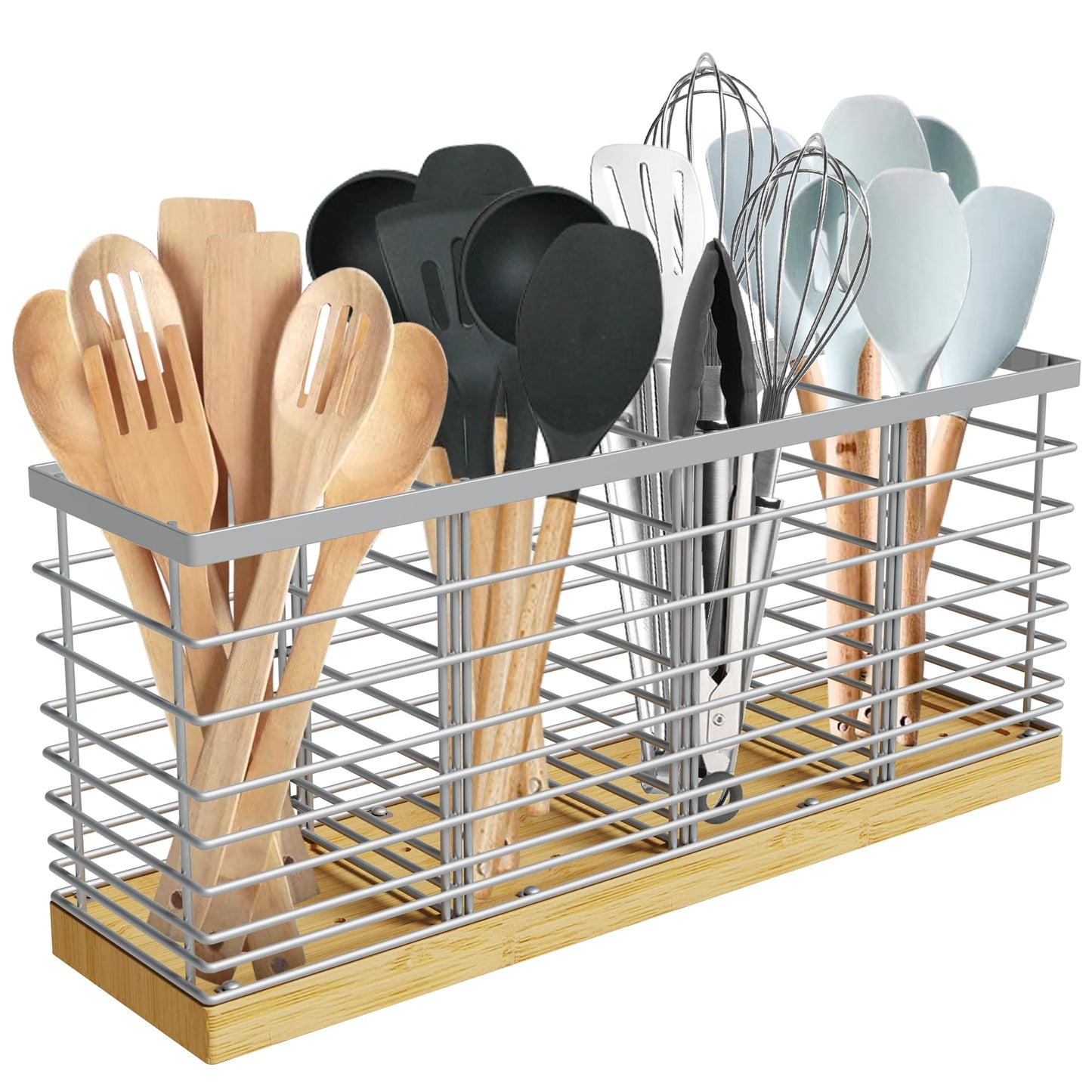 Suli Extra Large Kitchen Utensil Holder Countertop with 4 Compartments,Silvery Metal holder with Wooden Base for Countertop,Farmhouse Utensil Organizer for counter,Rustic Cooking Utensil Organizer