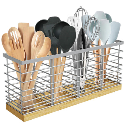 Suli Extra Large Kitchen Utensil Holder Countertop with 4 Compartments,Silvery Metal holder with Wooden Base for Countertop,Farmhouse Utensil Organizer for counter,Rustic Cooking Utensil Organizer