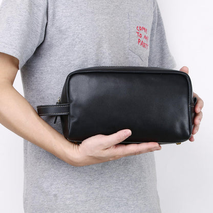 Full Grain Genuine Leather Zipped Travel Toiletry Bag for Women Men Ladies Clutch Purse Wallet Shaving Bag Cosmetic Bag Dopp Kit Wristlet Organizer Holder Wrist Bag Pack Business Handbag Black