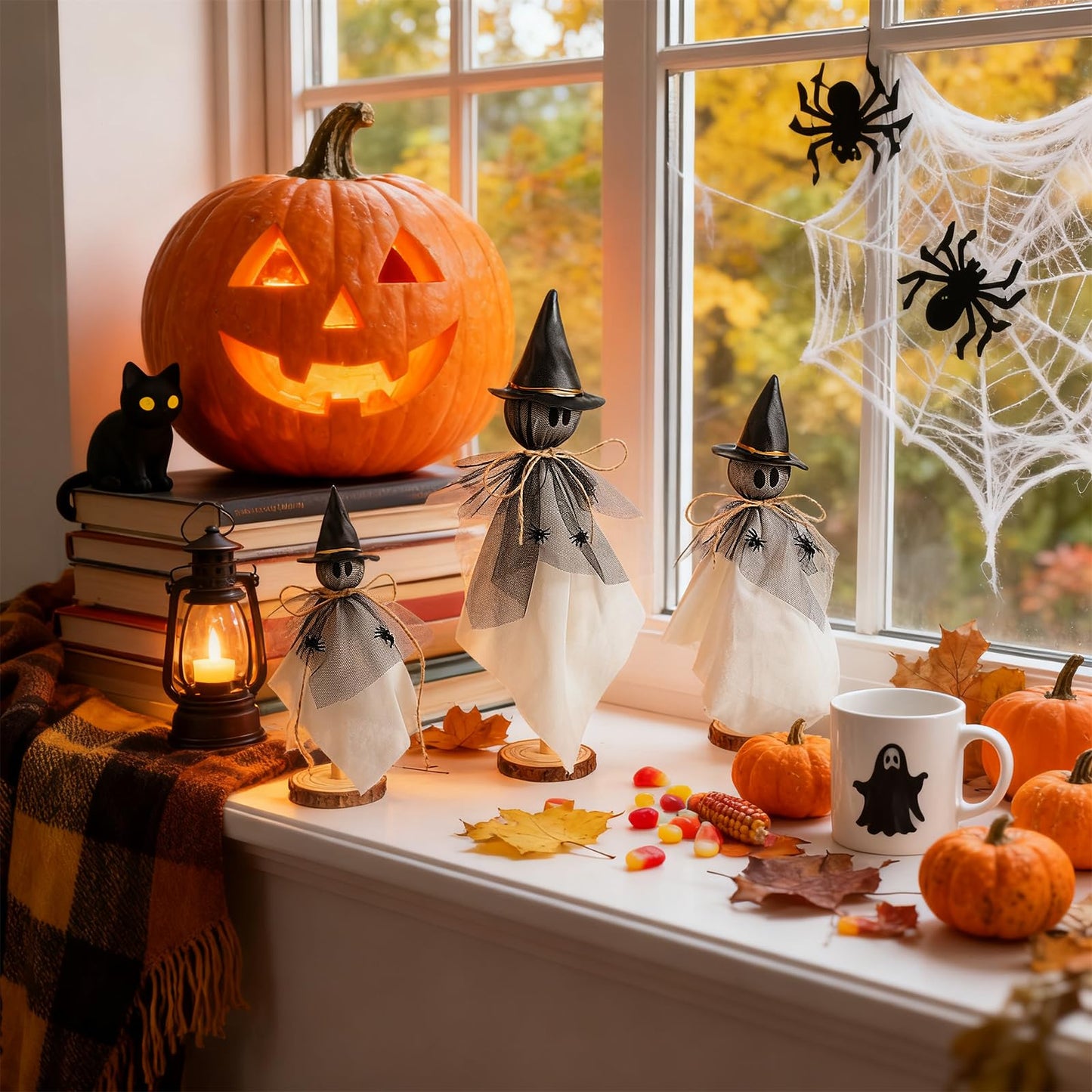 AceOrbit Halloween Decorations Indoor Ghost Set of 3 Sizes Primitive Ghost Wooden Stand Rustic with Witch Hat Spider Fabric Figure Shelf Sitters Table Centerpieces Tiered Tray Halloween Party Supply