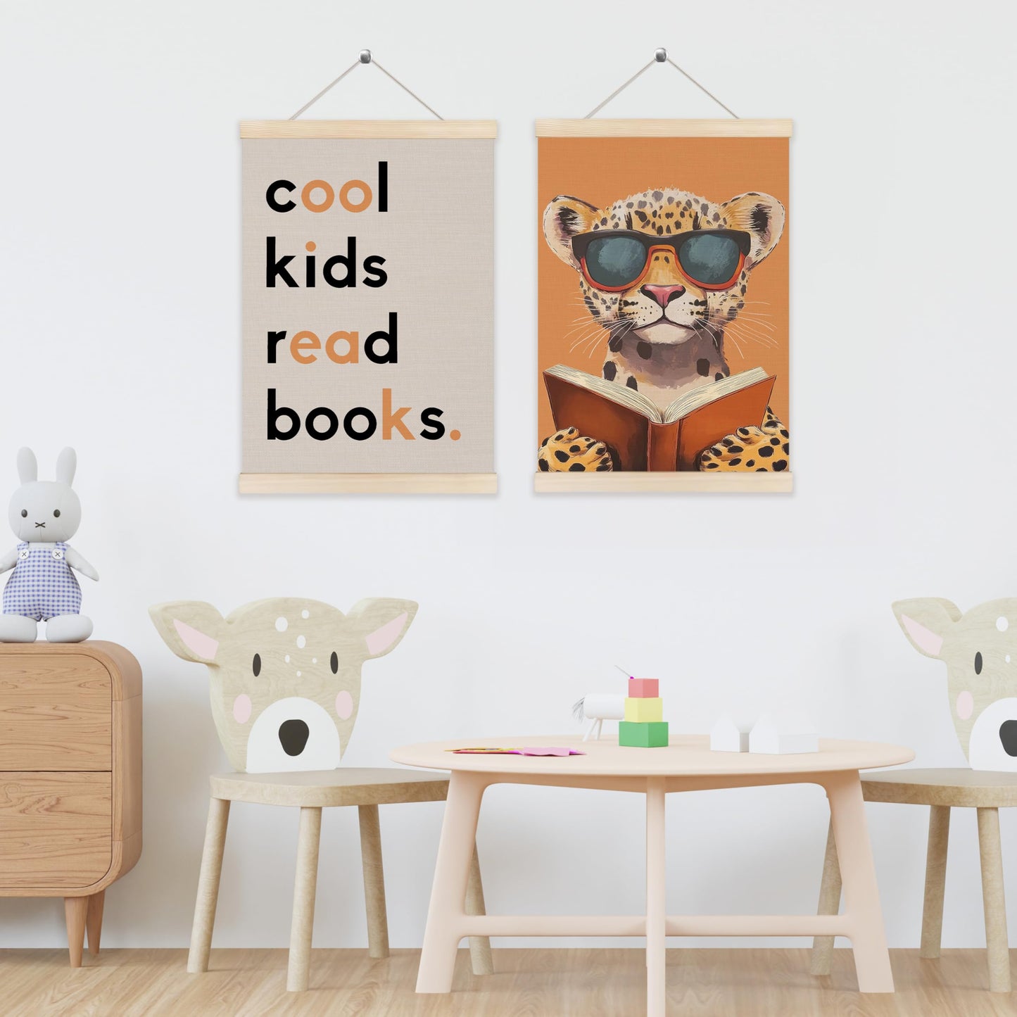Koesus Trendy Leopard Read Book Wall Art Poster Hanger Frame 12x16 Inch Set of 2, Cool Kids Read Books Canvas Pictures Prints Framed Wall Decor for Library Reading Nook Corner Kids Room Classroom