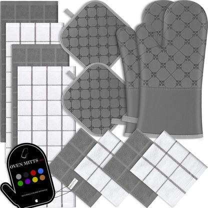Oven Mitts Kitchen Towels Dishcloths with Pot Holders Sets 12PCS, Dish Towels Sets, Oven Gloves Pot Pads Heat Resistant 500 Degrees with Non-Slip Silicone Surface for Cooking Baking Grilling-Grey