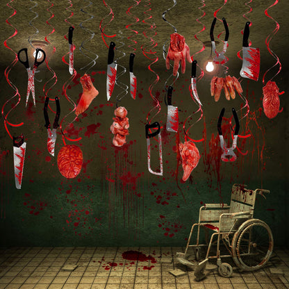 Blulu Scary Halloween Decorations Blood Weapon Hanging Swirl, Fake Scary Broken Blood Hands and Feet Broken Parts Foil Swirl for Haunted Halloween Vampire Zombie Party Supplies, 30 Count