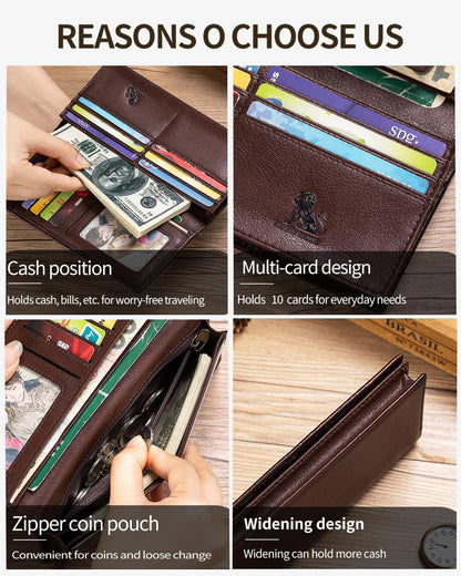 STEELLION Unisex Vintage Leather Long Bifold Wallet - RFID Blocking Billfold with ID Window & Multi-Card Slots - Genuine Cowhide Cash & Receipt Organizer for Travel (91644-Coffee)