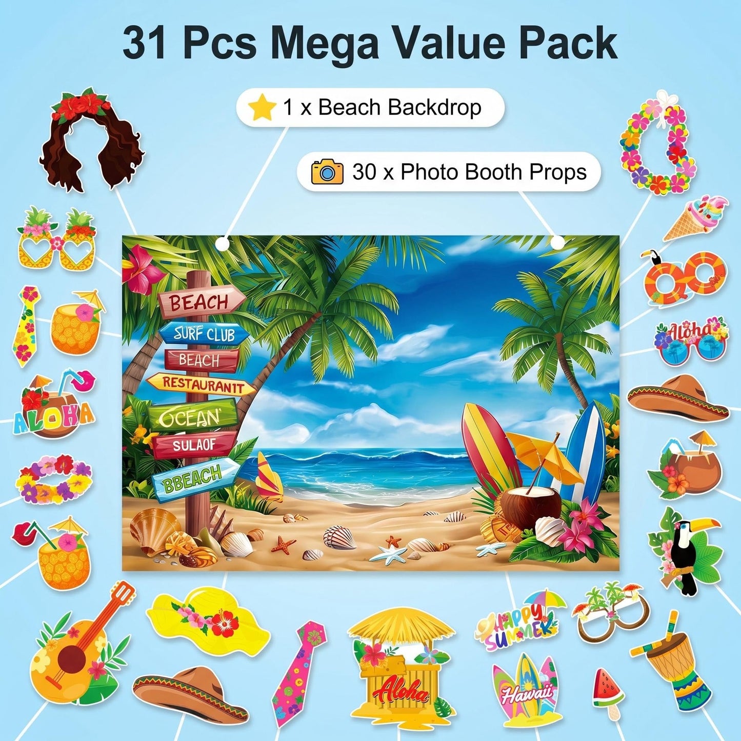 Photo Booth Backdrop and 30Pcs Props, 5x3 ft Aloha Themed Backdrop for Luau Party Decorations, Non-Reflective Surfboard & Tropical Leaf Backdrop for Pool Party, Beach Birthday Backdrop