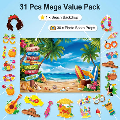 Photo Booth Backdrop and 30Pcs Props, 5x3 ft Aloha Themed Backdrop for Luau Party Decorations, Non-Reflective Surfboard & Tropical Leaf Backdrop for Pool Party, Beach Birthday Backdrop