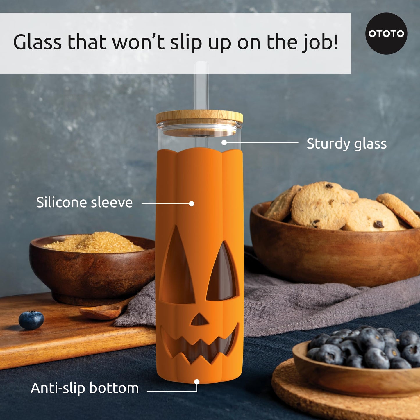 OTOTO NEW Jack-o-Cup Glass Cups with Lid and Straws - Glass Coffee Tumbler with Straws, Halloween, Goth, Witchy Gifts, Iced Coffee Cups, Glass tumbler with Bamboo Lid, 16.9oz