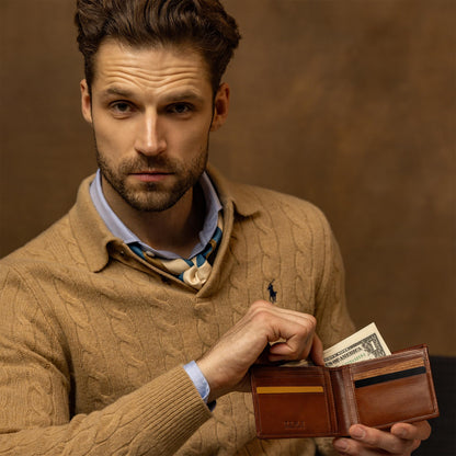 Time Resistance Leather Wallet – Italian Handmade Minimalist Billfold for Cards and Cash – Slim Full-Grain Leather Wallet (Cognac)