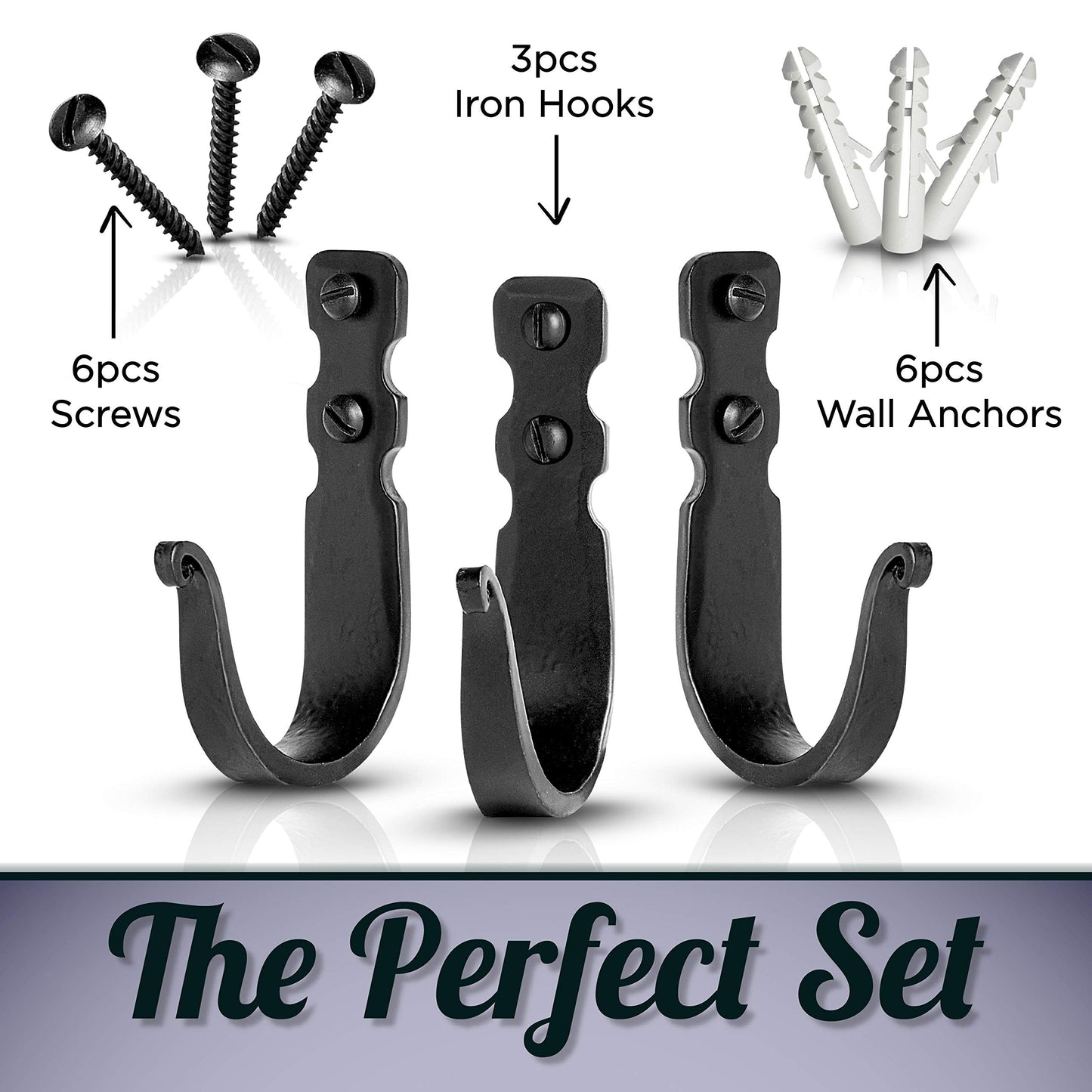 Stur-De Wrought Iron Wall Hooks – Heavy Duty Black Decorative Hooks for Hanging Coats, Bags, Hats & Towels | Rustic Metal Wall Hangers, Set of 3