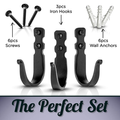 Stur-De Wrought Iron Wall Hooks – Heavy Duty Black Decorative Hooks for Hanging Coats, Bags, Hats & Towels | Rustic Metal Wall Hangers, Set of 3