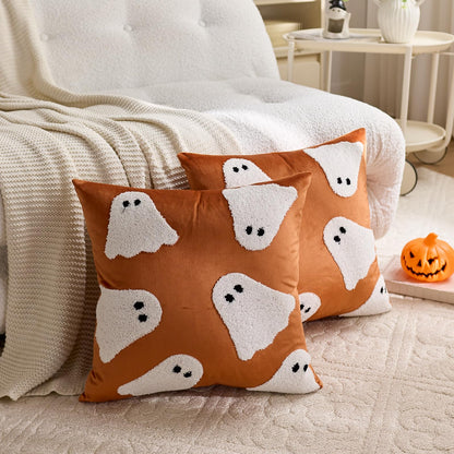 MAZSHTTD Halloween Pillow Covers 20x20 Inch Set of 2 Embroidery Ghost Throw Pillow Covers Indoor Outdoor Decorative Cushion Cases for Sofa Couch Bed Living Room Halloween Decoration Orange
