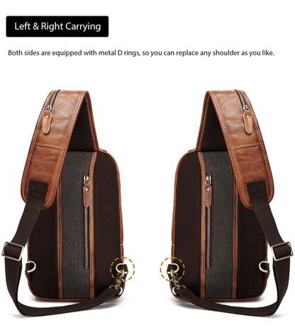 LANNSYNE Vintage Genuine Leather Sling Bag For Men, Crossbody Chest Daypack fits 10.5" iPad