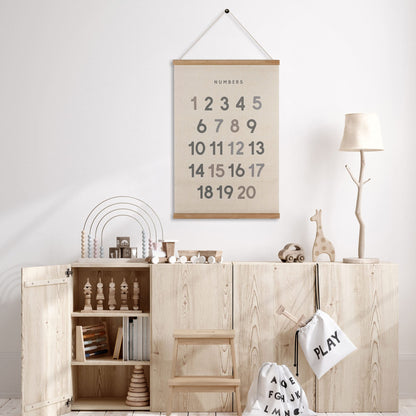 Bon et Beau 16 x 24 Inch Embroidered Number Poster Framed with Wood Hanger - Neutral Gray Wall Décor for Boys Nursery, Bedroom, Playroom, Toddler and Kids Room