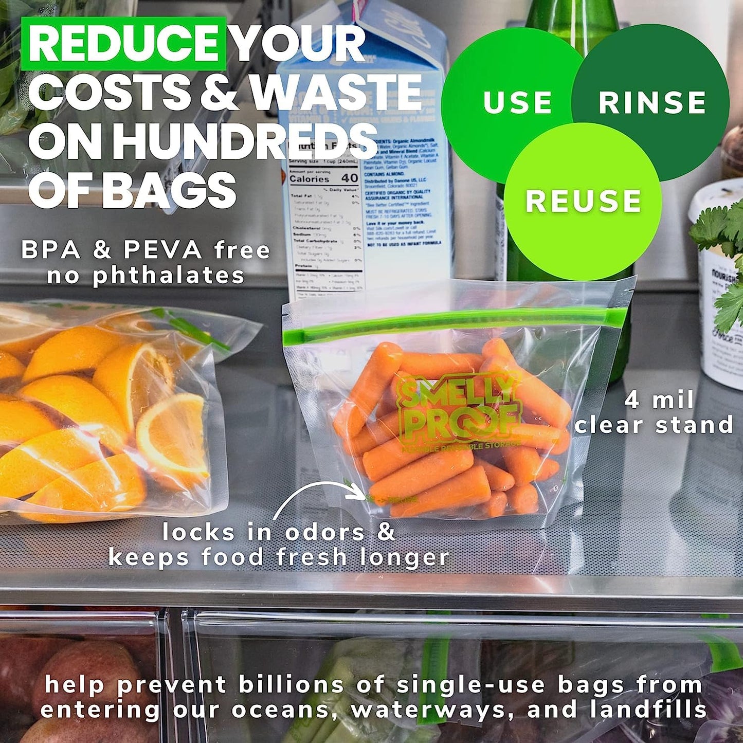 Smelly Proof 10 x Expandable Stand-Up & Fill REUSABLE Storage Bags for Food Designed & Mfg in US, NO PEVA, BPA FREE, Reusable Snack Bags, Dishwasher-Safe, Clear 3 mils STAND & FILL 6" x 4" - 10pk