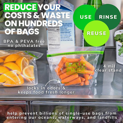 Smelly Proof 10 x Expandable Stand-Up & Fill REUSABLE Storage Bags for Food Designed & Mfg in US, NO PEVA, BPA FREE, Reusable Snack Bags, Dishwasher-Safe, Clear 3 mils STAND & FILL 6" x 4" - 10pk