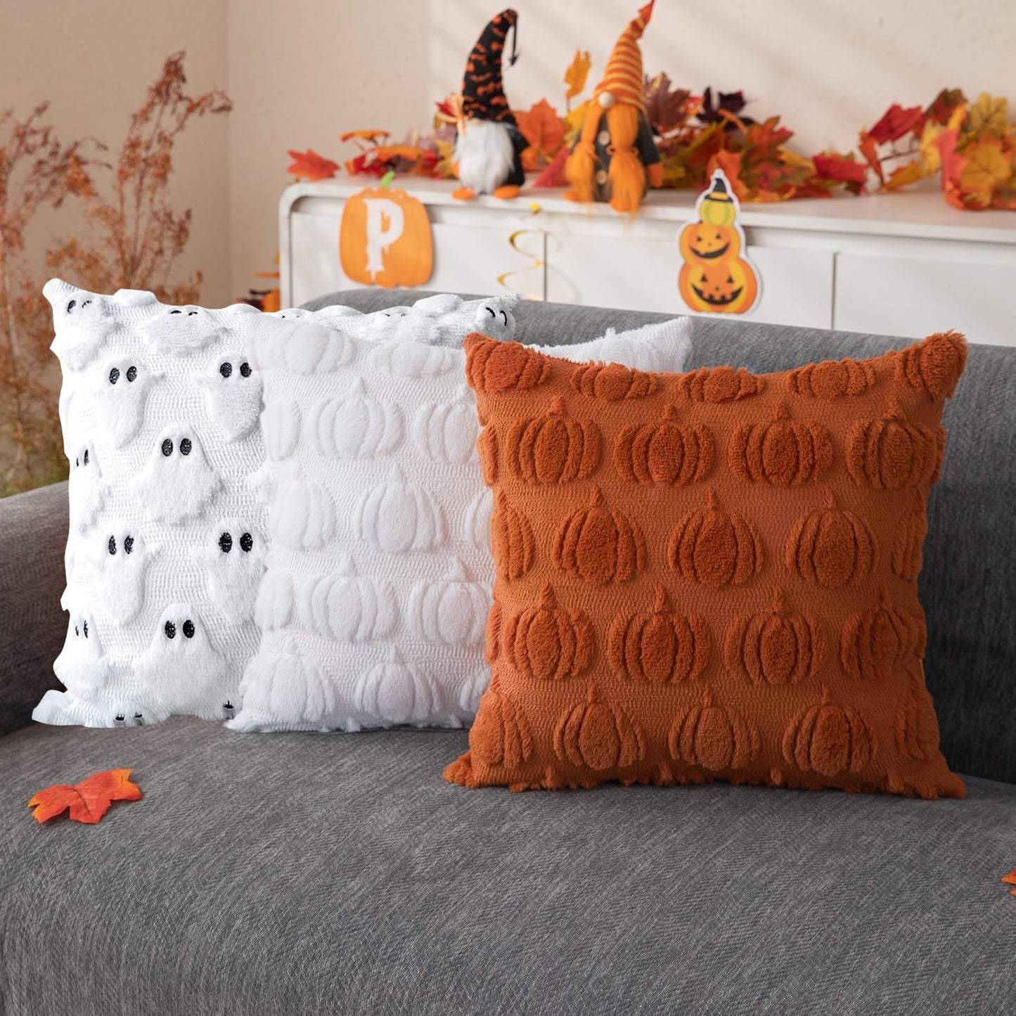 Huaerle Halloween Pillow Covers 18x18 Ghost Pumpkin Pattern Pillowcases Fall Throw Pillow Covers Set of 4 Double-Sided Halloween Pillow Covers Soft Plush Faux Wool Cushions for Home Patio Sofa Couch