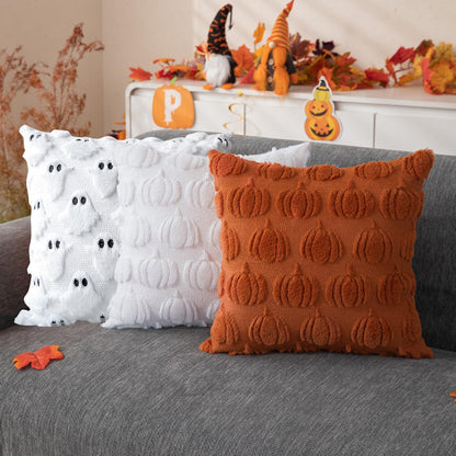 Huaerle Halloween Pillow Covers 18x18 Ghost Pumpkin Pattern Pillowcases Fall Throw Pillow Covers Set of 4 Double-Sided Halloween Pillow Covers Soft Plush Faux Wool Cushions for Home Patio Sofa Couch