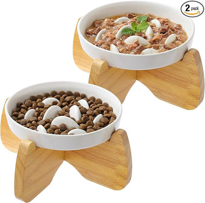 Raised Slow Feeder Cat Bowl with Stand, 6.3'' Wide Ceramic Elevated Shallow Slow Eating Cat Bowl for Dry/Wet Food, Anti-Vomiting Pet Puzzle Feeder, Whisker Friendly, Dishwasher Safe (2 Pack) | Anti-Gulping & Keep Fit, Dishwasher Safe, For Dry and Wet F...