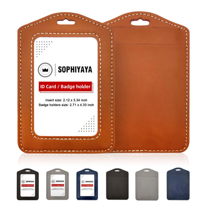 2 Pack Genuine Leather Badge Holder, Key Card Holder, Vertical ID Badge Holder for Student, Teacher, Office, Work and Factory (Brown)