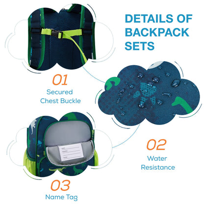 mommore Kids Backpack for Boys, Toddler Backpack for Preschool Kindergarten Elementary Lightweight Bookbag for Students with Lunch Box (3PCS, Dinosaur Green)