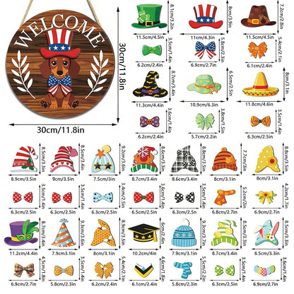 SYBOYEGE Animal-Shaped Round Interchangeable Welcome Sign, Interchangeable Door Sign with Magnetic Accessories & Detachable Hats and Clothes, Interchangeable Seasonal Decor for Easter, Valentines Day (Blue, MZ993A)