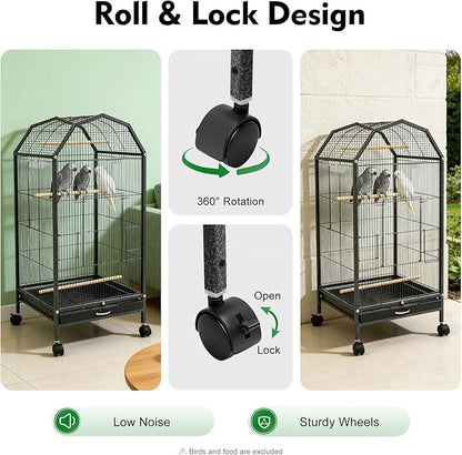 Large Bird Cage, Movable Pet Bird Flight Cages with 5 Doors Wheels, Panorama Bird Aviary Indoor with Stand 17.9x17.9x39.9in, Fit for a Canary, Finch, Cockatiels, Conures, Parrot, Lovebirds