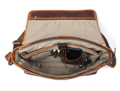 16" Crossbody Bag Leather Laptop Messenger Bag For Men with trolley sleeve for school office (Caramel)