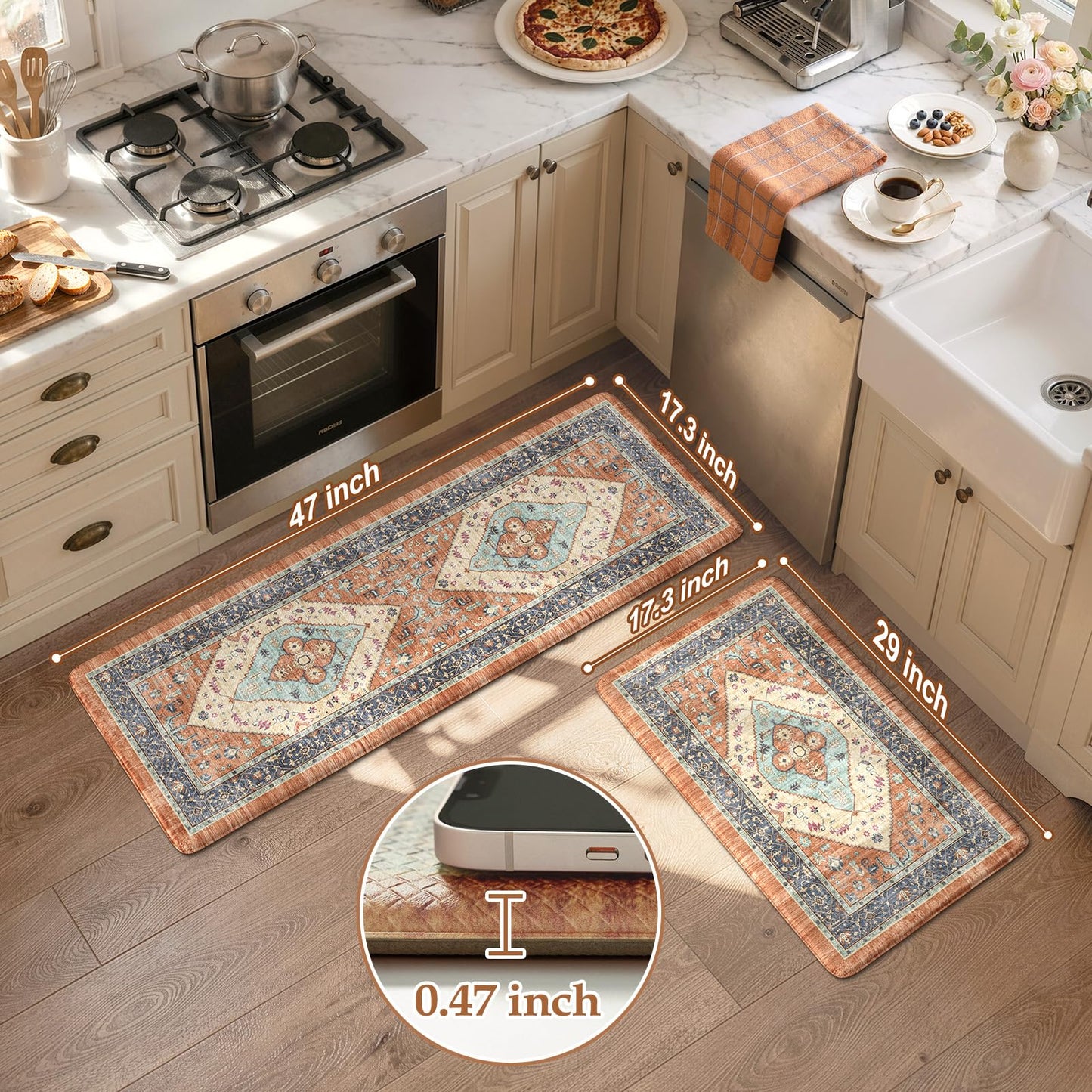 KIMODE Anti Fatigue Kitchen Mat for Floor, Boho Orange Kitchen Rugs Sets of 2, Cushioned Kitchen Floor Mats, Fall Kitchen Rugs Non Slip for Halloween Sink Laundry Desk Home 17"x47"+17"x29"