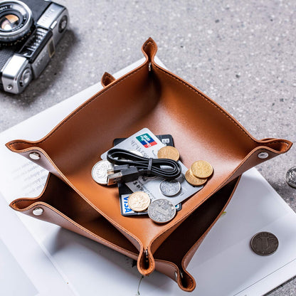 SANQIANWAN PU Leather Jewelry Valet Tray for Women and Men, Portable Entryway Table and Bedside Nightstand Desk Catchall Travel Dish Plate for Key, Wallet, Watch, Coin (Brown-B)