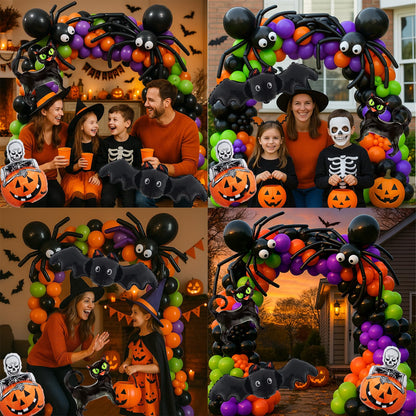 Bonropin 173pcs Halloween Balloon Garland Arch kit with Black Orange Green Purple Balloons Spider Balloons Halloween Foil Balloons for Haloween Theme Party Background Classroom Decorations