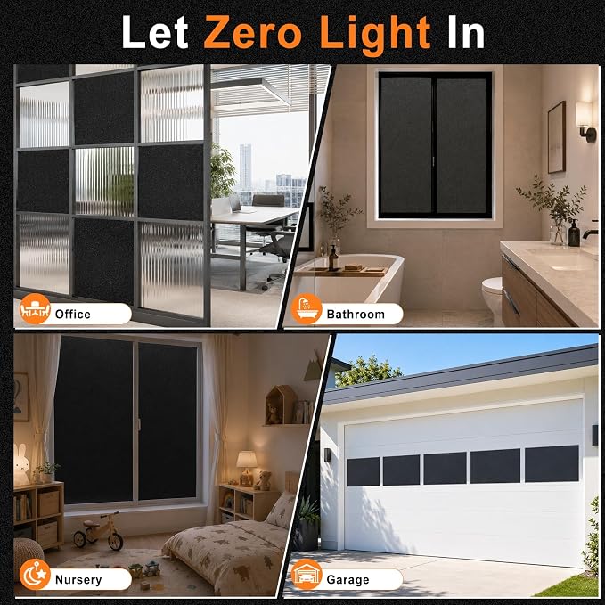 Blackout Window Privacy Film, Removable Window Cover Static Cling, Darkening Light Heat Blocking, Window Tint for Home Garage Bedroom Day Sleep, Black 23.6 Inch * 78.74 Inch