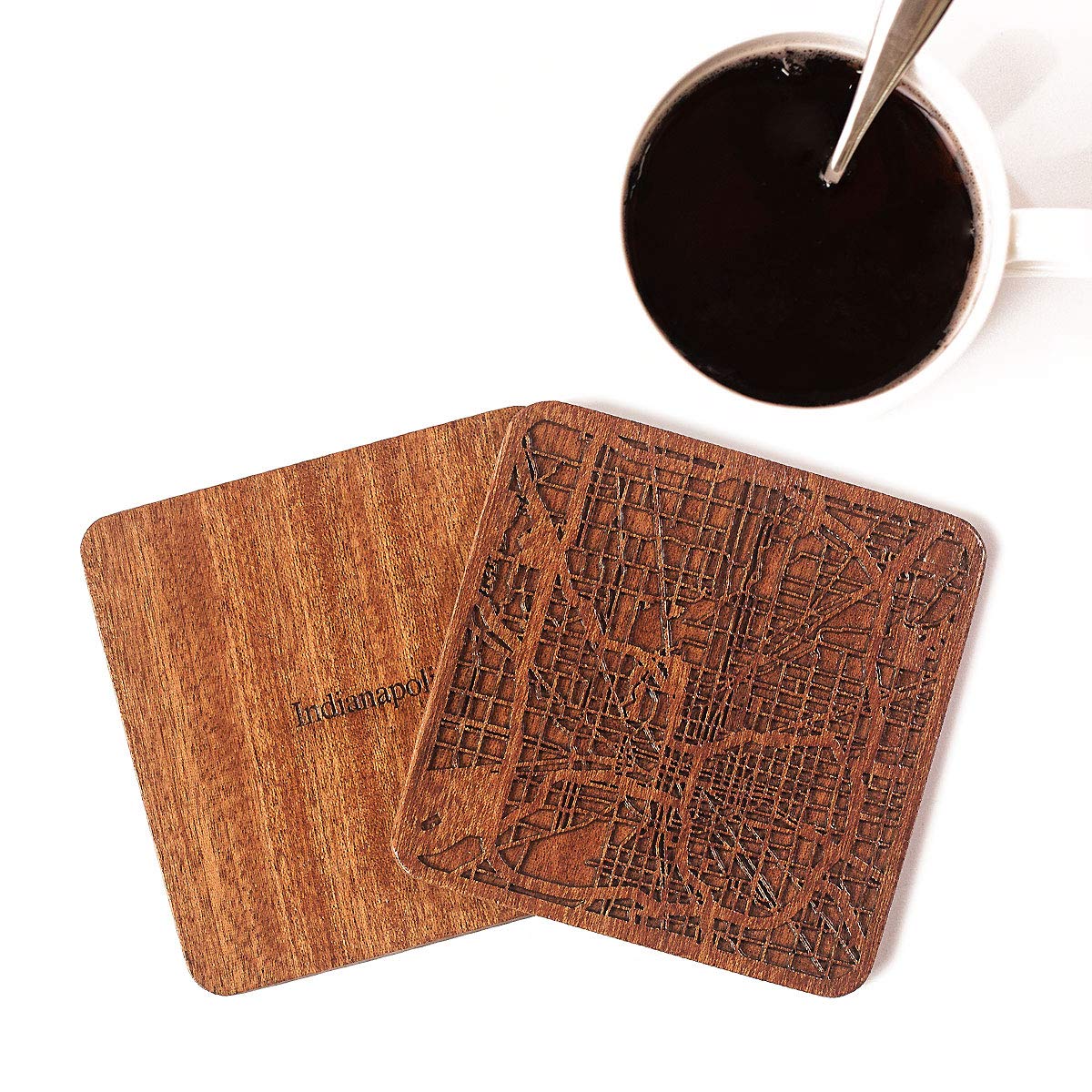 Indianapolis Map Coaster, Set of 4, Sapele Wooden Coaster with city map, Multiple city optional, Handmade