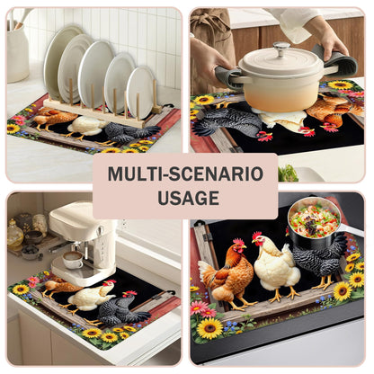 Farm Rooster Chickens Stove Top Cover for Electric Stove 28x20 Inch Silicone Stove Topper & Protector, Decorative Kitchen Mat for Electric/Glass Stove Top