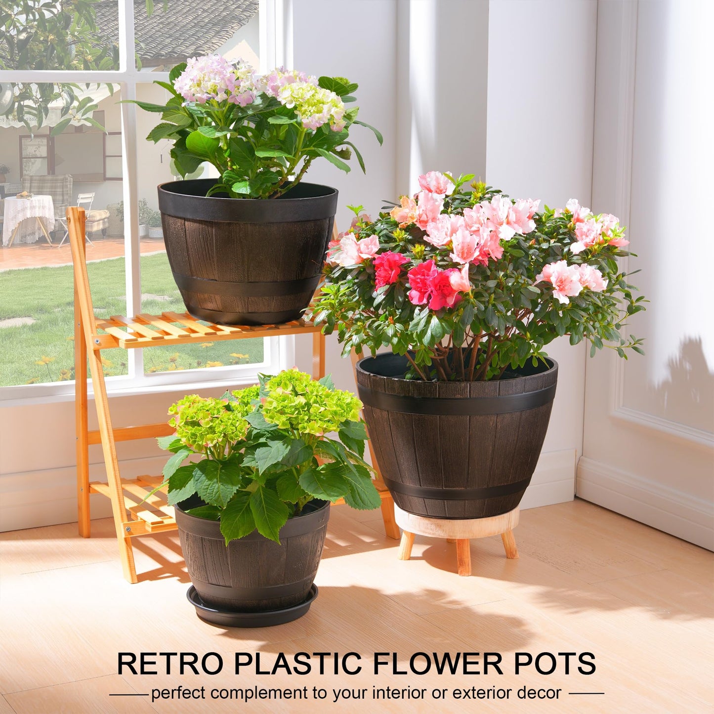 VECELO Plant Pots with Drainage Holes & Saucer, 13 Inch Flower Pots with Tray, 3 Pack Plastic Whiskey Barrel Planters for Indoor & Outdoor Garden Home Plants and Flowers