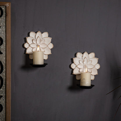 Farmhouse Candle Sconces Set of Two, Handcarved Wall Candle Holders Decorative, Flower Pattern, Distressed Finish Rustic Candle Holder Wall Decor for Living Room, Hallway