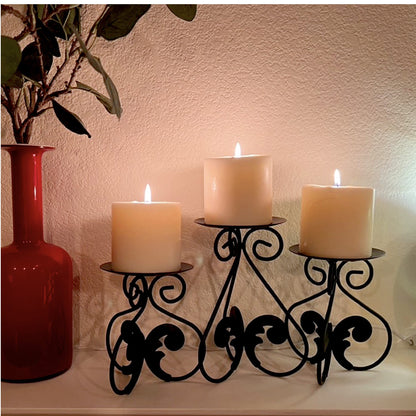 Lily’s Home Elegant Scrollwork Fleur De Lis Pillar Candle Holders, Wax & LED Candle Stands, Black, Set of 3. Candles Not Included