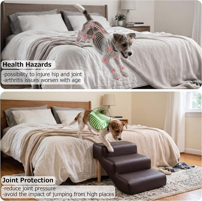 3-Step 15.7" H Dog Stairs for Bed Couch, Waterproof & Scratch PU Leather Pet Steps for Small Dogs and Cats, Dog Ramp with 220 lbs Maximum, Oak Leg & Solid Wood, Non-Slip Feet Brown