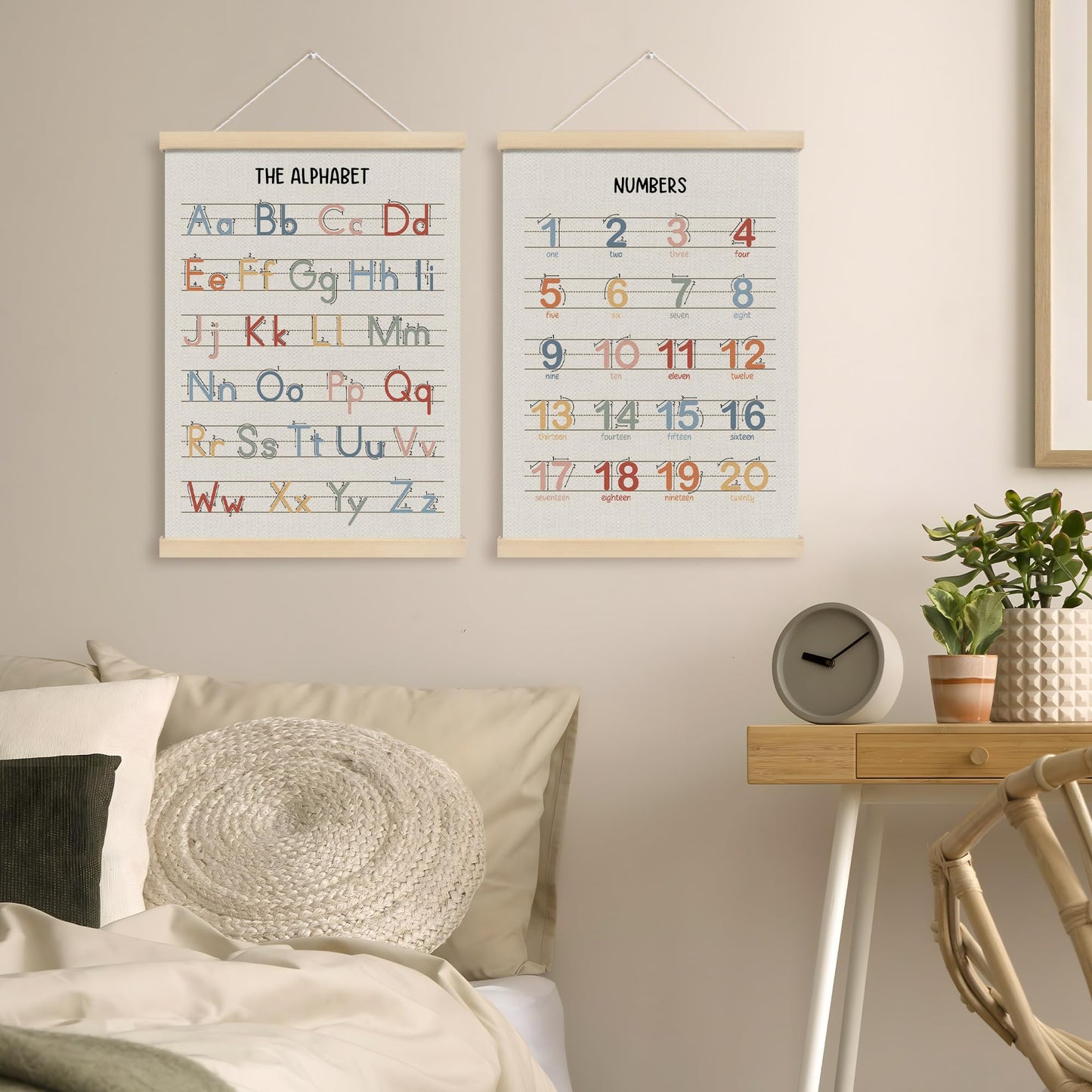 MOTERMATE Boho Alphabet Numbers Poster Hanger Frame, Alphabet Numbers Educational Wall Hanging Decor Art Framed for Kids Nursery Room Classroom, Nursery Wall Poster Prints, 12x16 Inch Set of 2