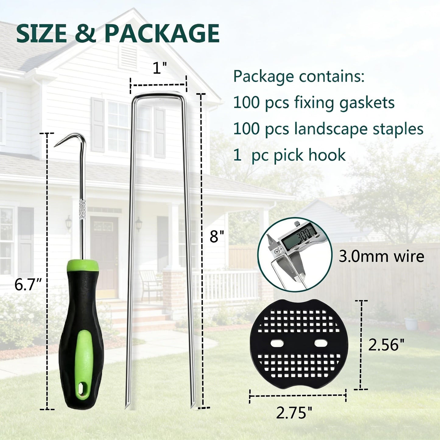 8 Inch 100 PCS Galvanized Landscape Staples with 100 PCS Gasket, Landscape Fabric Pins Stakes Lawn Ground Cover Graden Staples Spikes Weed Barrier Stakes