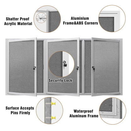Mifuro 70"x34" Enclosed Bulletin Board, Outdoor Lockable Weather-Resistant Aluminum Cork Noticeboard for School & Office, Silver Frame w/Grey Flet