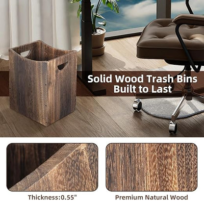2 Pack 5 Gallon Wooden Trash Can Curved Design Office Waste Basket, Rectangular Farmhouse Garbage Can, Brown Vintage Wood Trash Can Storage Basket With Handles for Bedroom Office Decorative