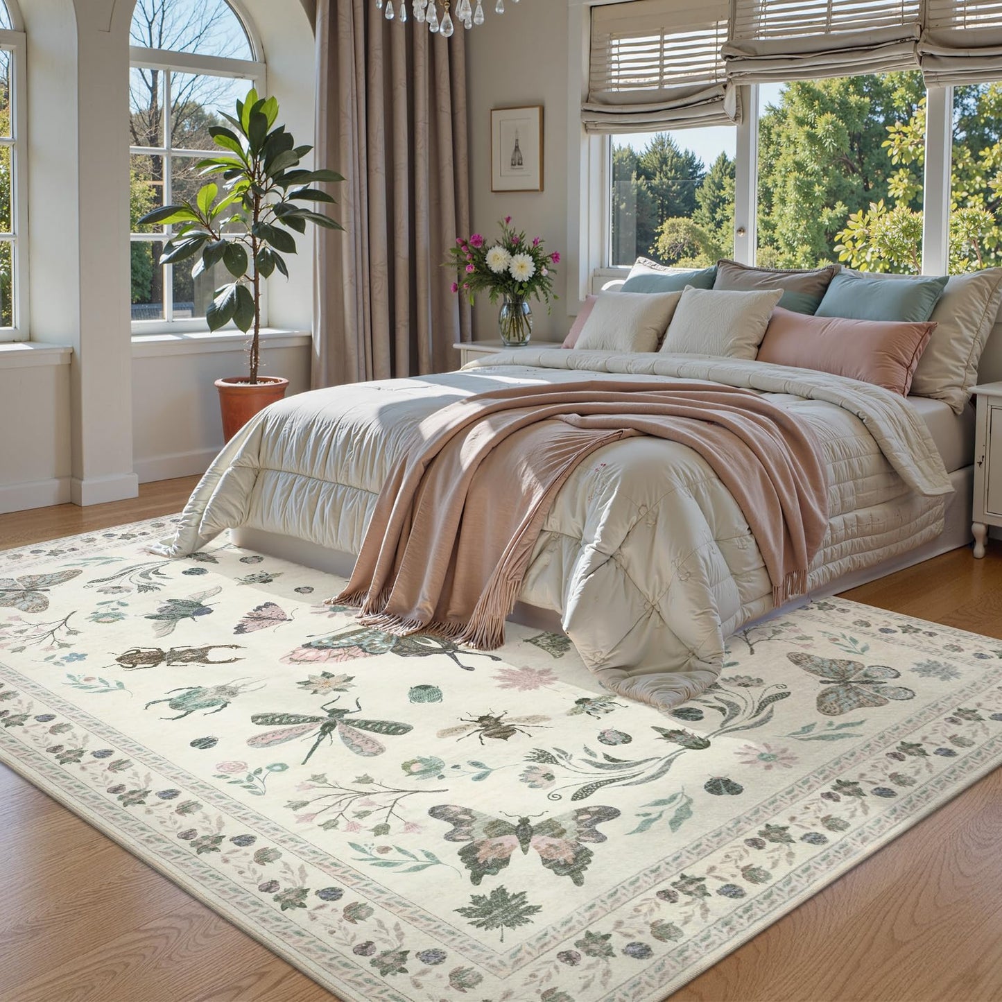 Dadasgk Insect Print Washable Area Rugs 5x7, Soft Rugs for Living Room, Ultra-Thin Non Slip Modern Bedroom Rug, Throw Rug Large Boho Carpet for Dining Room Kids Nursery Office, Beige