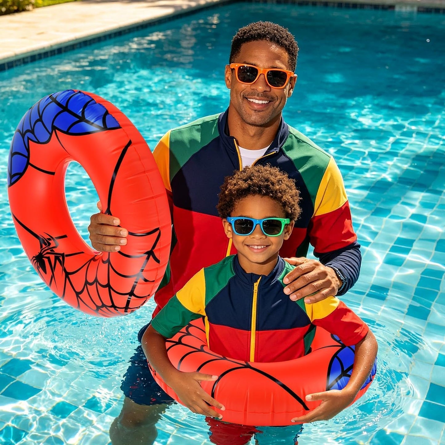 2 Pcs Spider Party Pool Floats, 24 Inch Web Pattern Swim Rings for Kids Ages 5-9 Pool Tube, Inflatable Pool Toys for Hawaiian, Beach, Water Park Fun