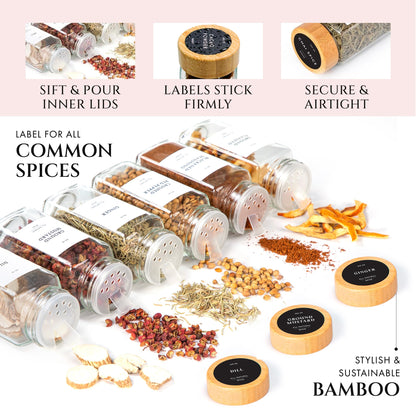 FINESSY Bamboo Glass Spice Jars with Labels and Shaker Lids Clear Empty 4oz 24 Pack Bottles Set, Glass Spice Containers with Labels, Seasoning Organizer Jars