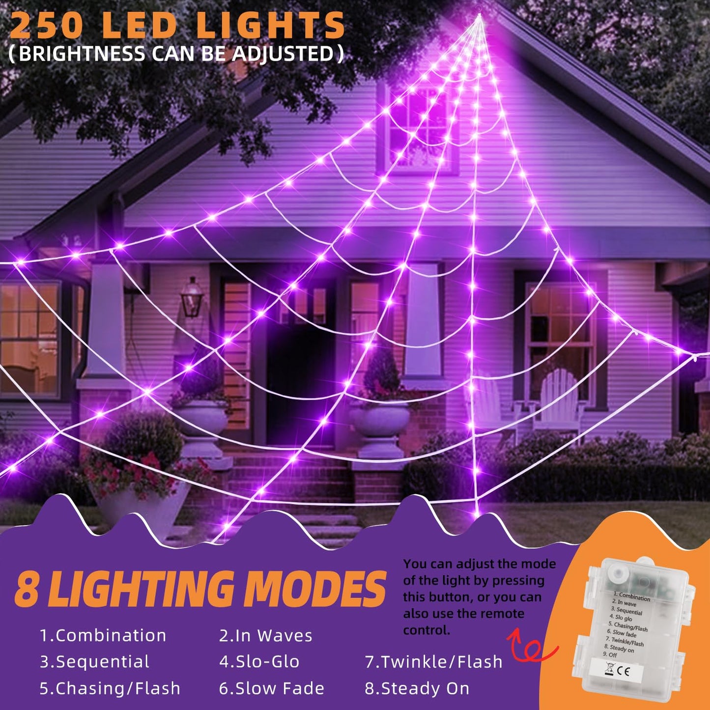 Kendane Halloween Decorations Outdoor and Indoor, 250 LED Halloween Spider Web Light Decorations, 200" Large Light Up Spider Web for Yard(Purple)