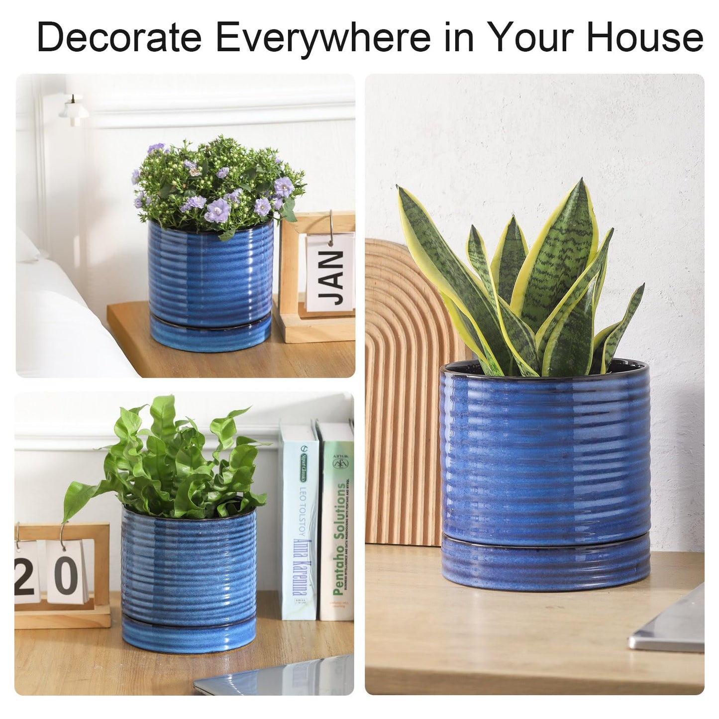 HASENSE 3 Piece Ceramic Plant Pots, 8/6/4.6 Inch, Indoor Pot for Plants with Drainage Holes and Saucer, Modern Flower Planter for Home Office, Rective Glaze Blue