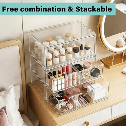 Prsildan Stackable Clear Makeup Organizer Acrylic Storage Drawers with 2 Drawers for Vanity Bathroom Office Desk Modular Drawer System for Cosmetics Jewelry Toiletries Home Organization