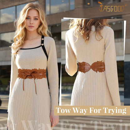 JASGOOD Women Lace Waist Belt Corset Waist Band Belt For Dress Obi Bowknot Cinch Wide Belt Bow Tie Wrap Boho Faux Leather,Brown
